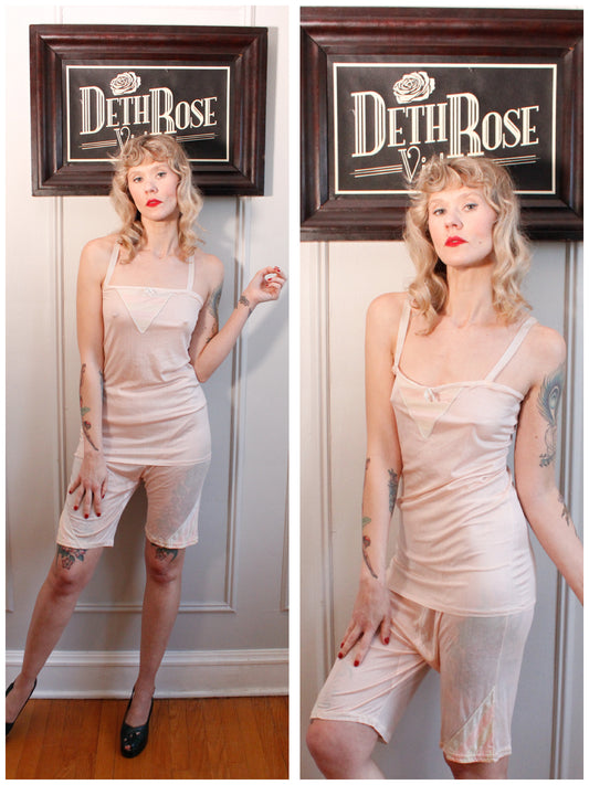 1930s Lingerie Set Jersey Pink Knit with striped detail Tank & Shorts - M/L