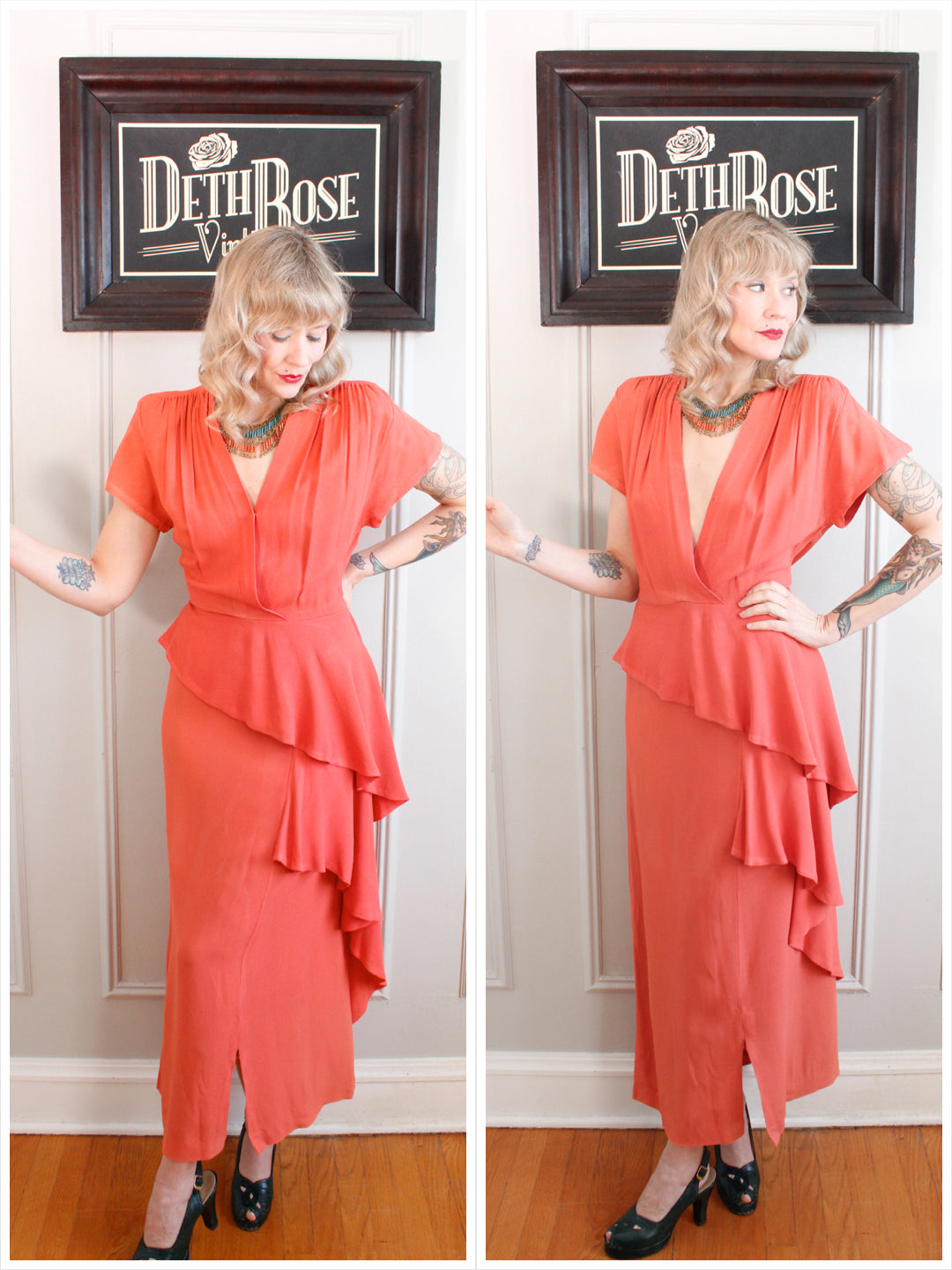 1940s Coral Rayon Crepe Draped Gown - Medium
