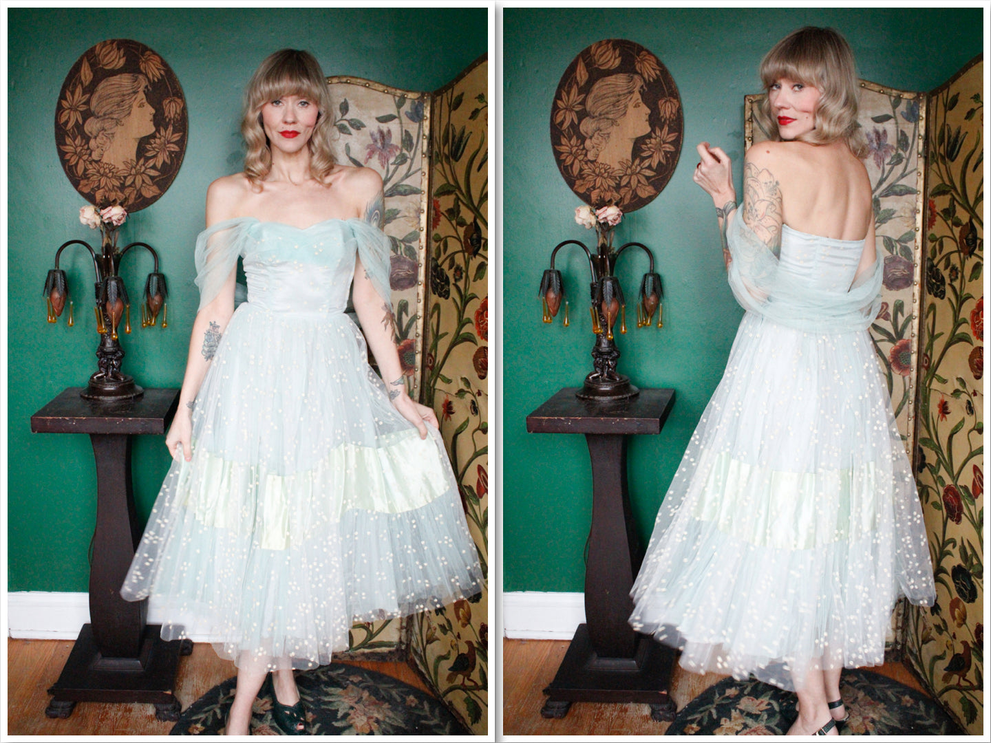 Late 1940s Tulle & Taffeta Flocked Party Dress 