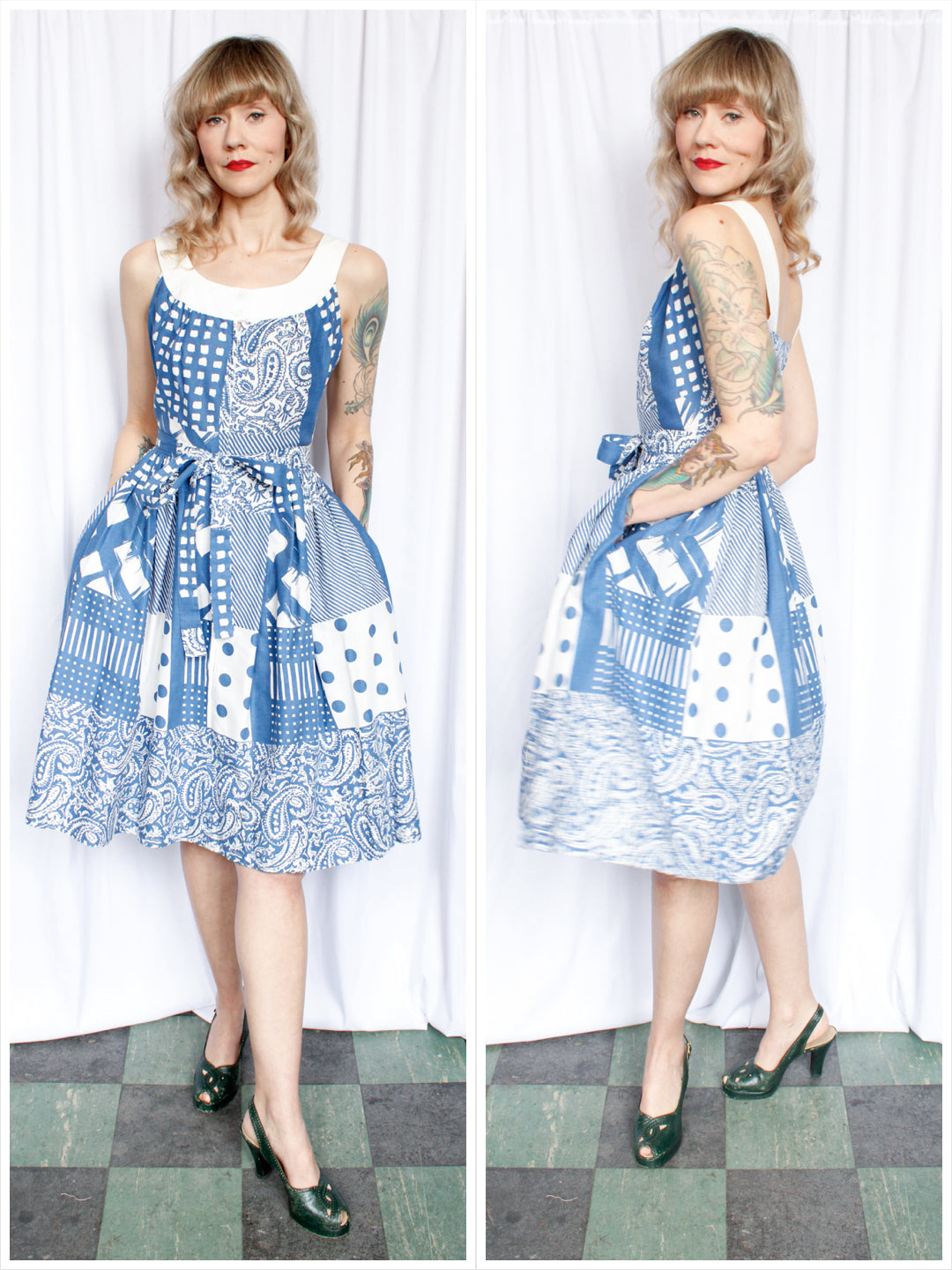 1950s Blue & White Dorian Cotton Dress - Small