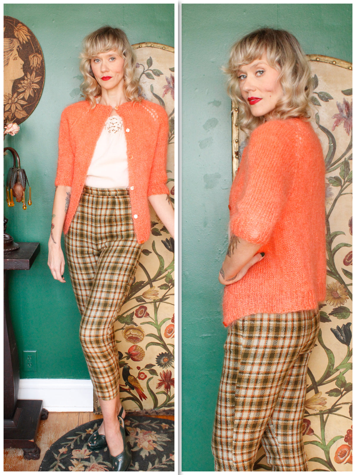1960s Bright Coral Mohair Hand Knit Cardigan Sweater 