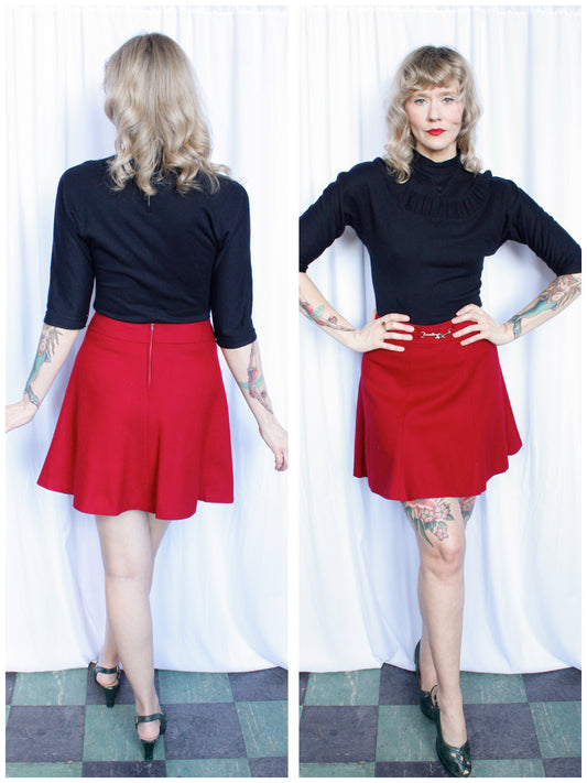 1960s College Town Red Wool Mini Skirt - 29" waist
