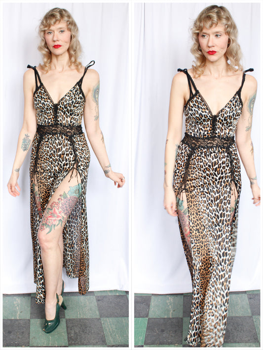 1960s Leopard Nylon & Lace up Slip Gown - Medium