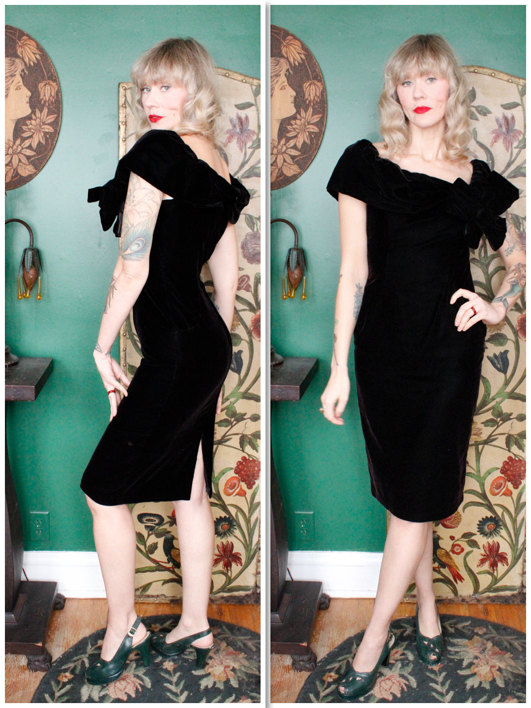 50s Cocktail Dress Size M Black Velvet and Rhinestone 