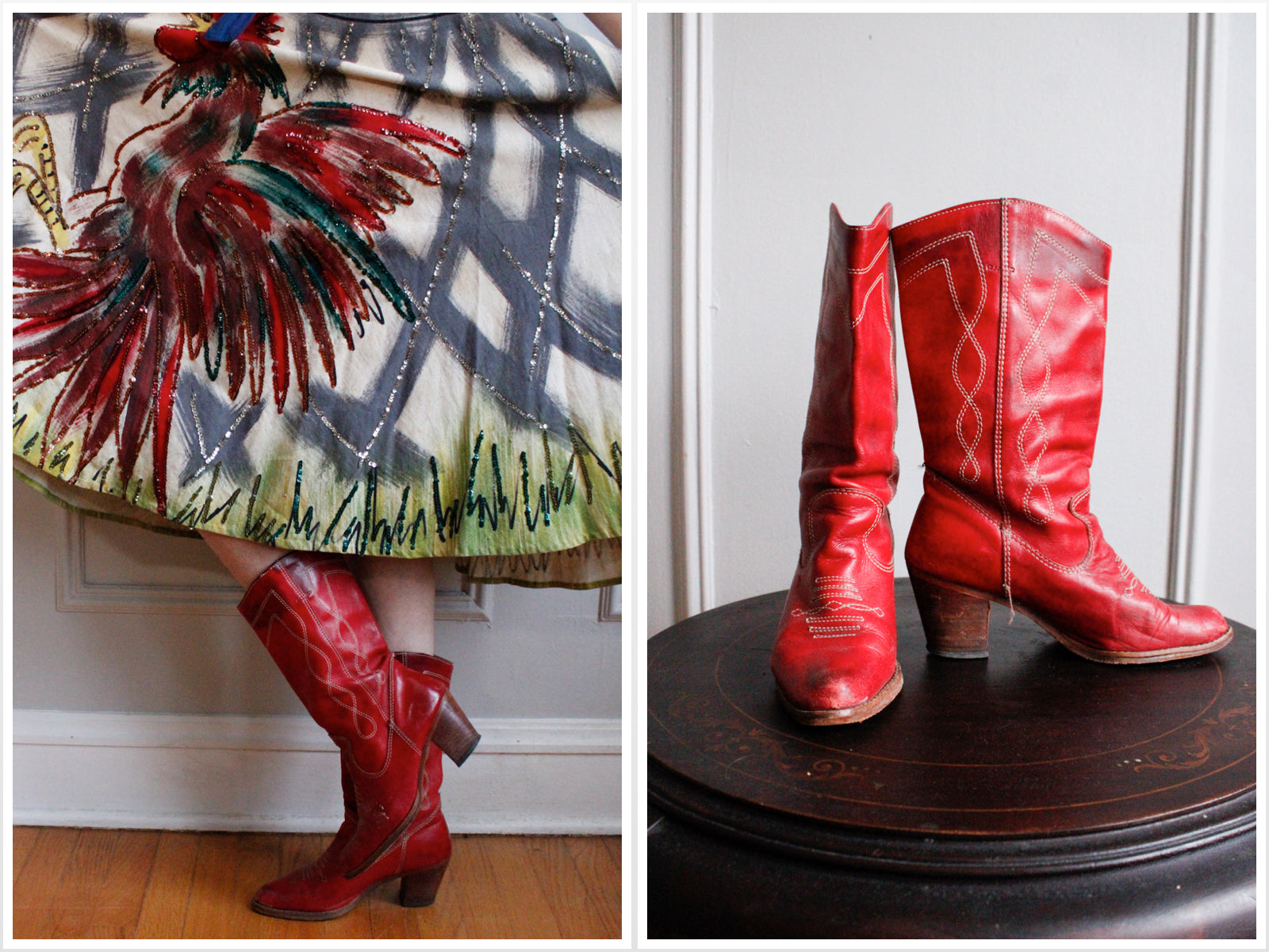 1970s Red Leather Heeled Cowboy Boots - 8M