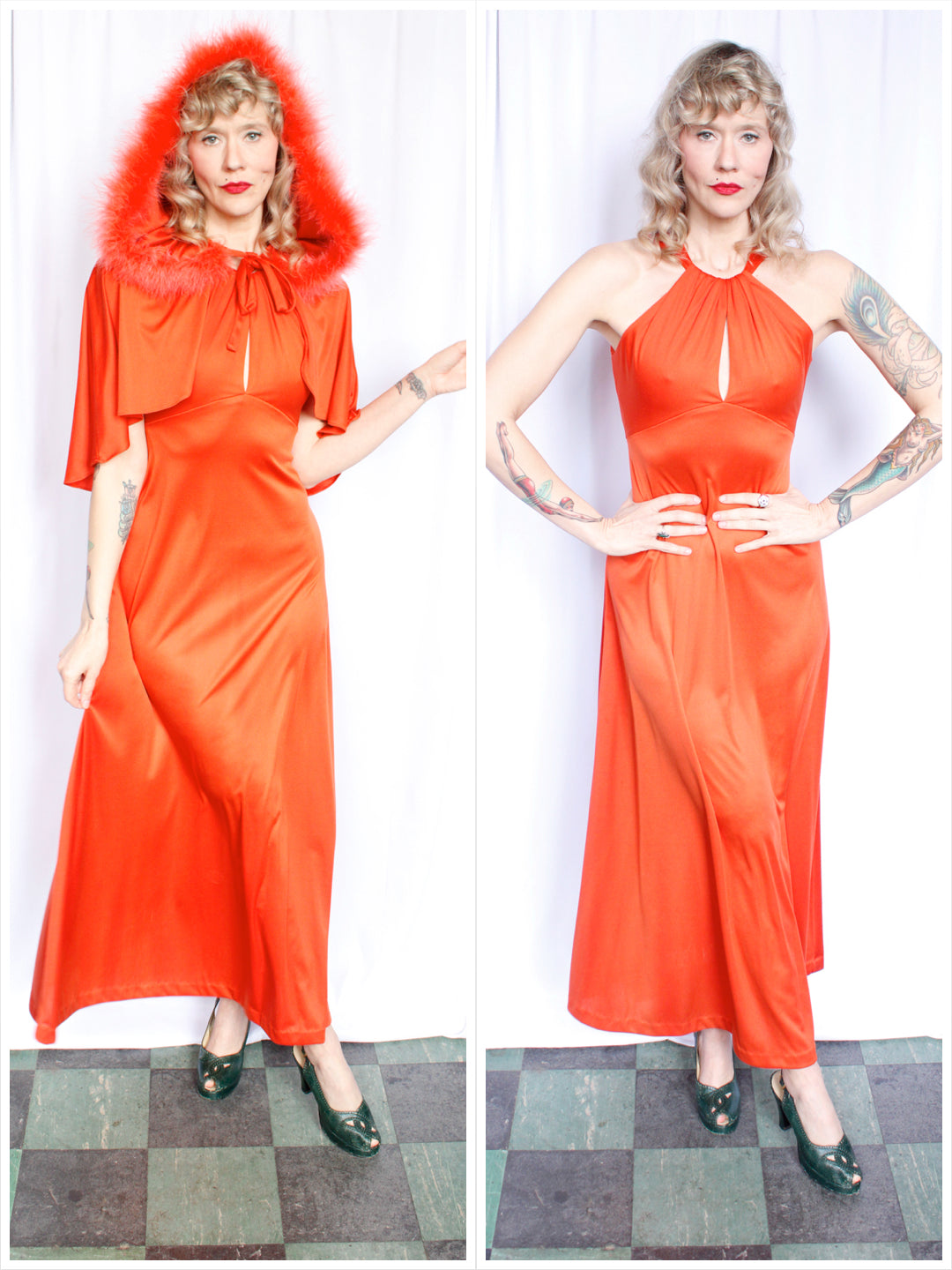 1970s Tangerine Jersey Dress with Marabou Hooded Caplet - Small