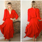 1980s Red Dolman Sleeve Tiered Rayon Dress 