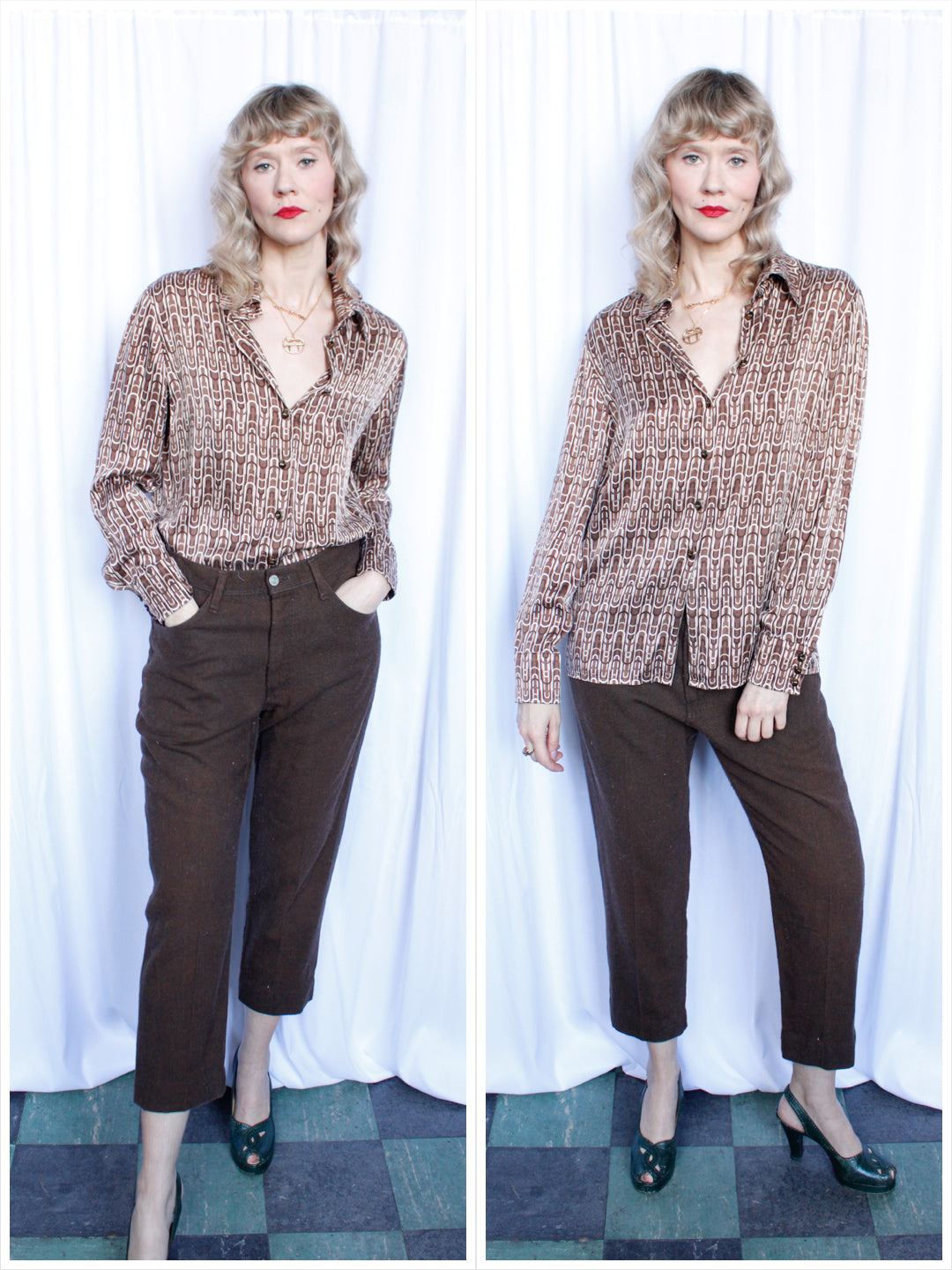 1990s Silk Escada Chain Print Blouse - Medium
