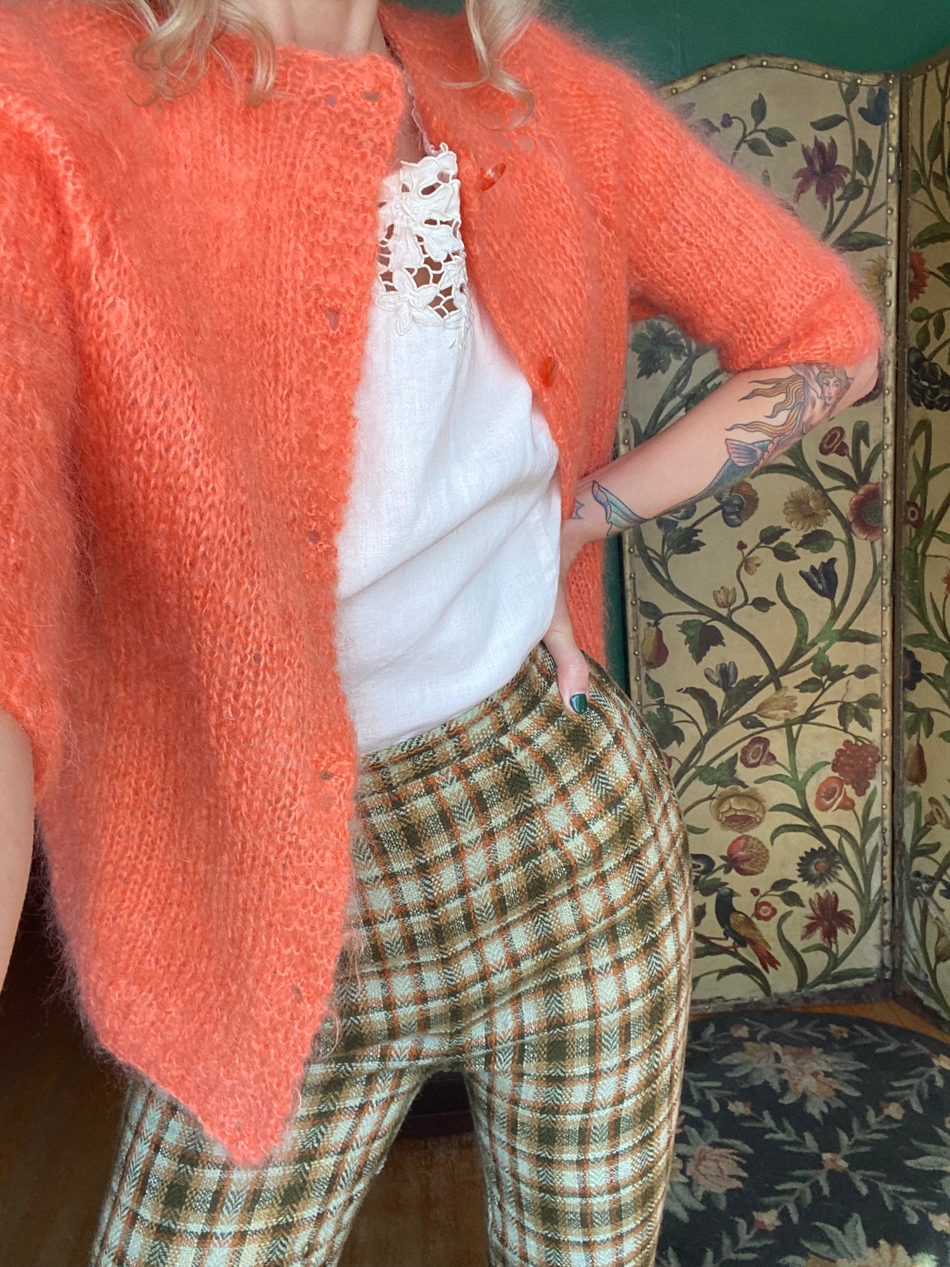 1960s Bright Coral Mohair Hand Knit Cardigan Sweater 