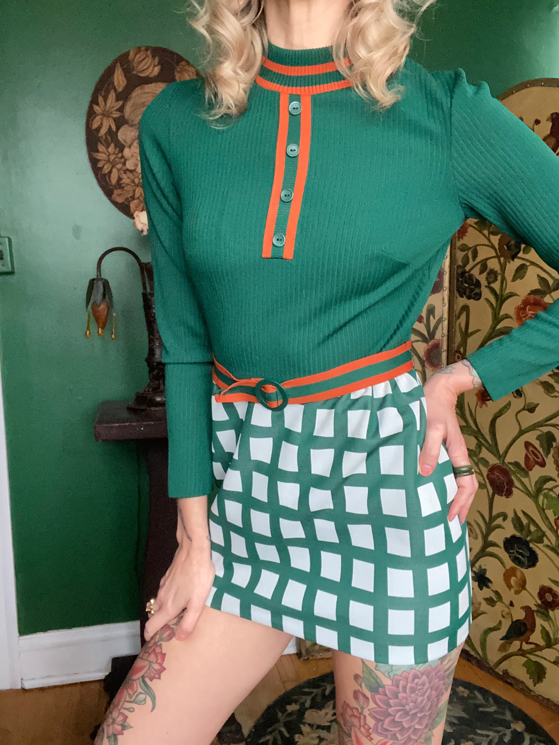 Late 1960s Green & Orange Micro Mini Verona Knits Dress