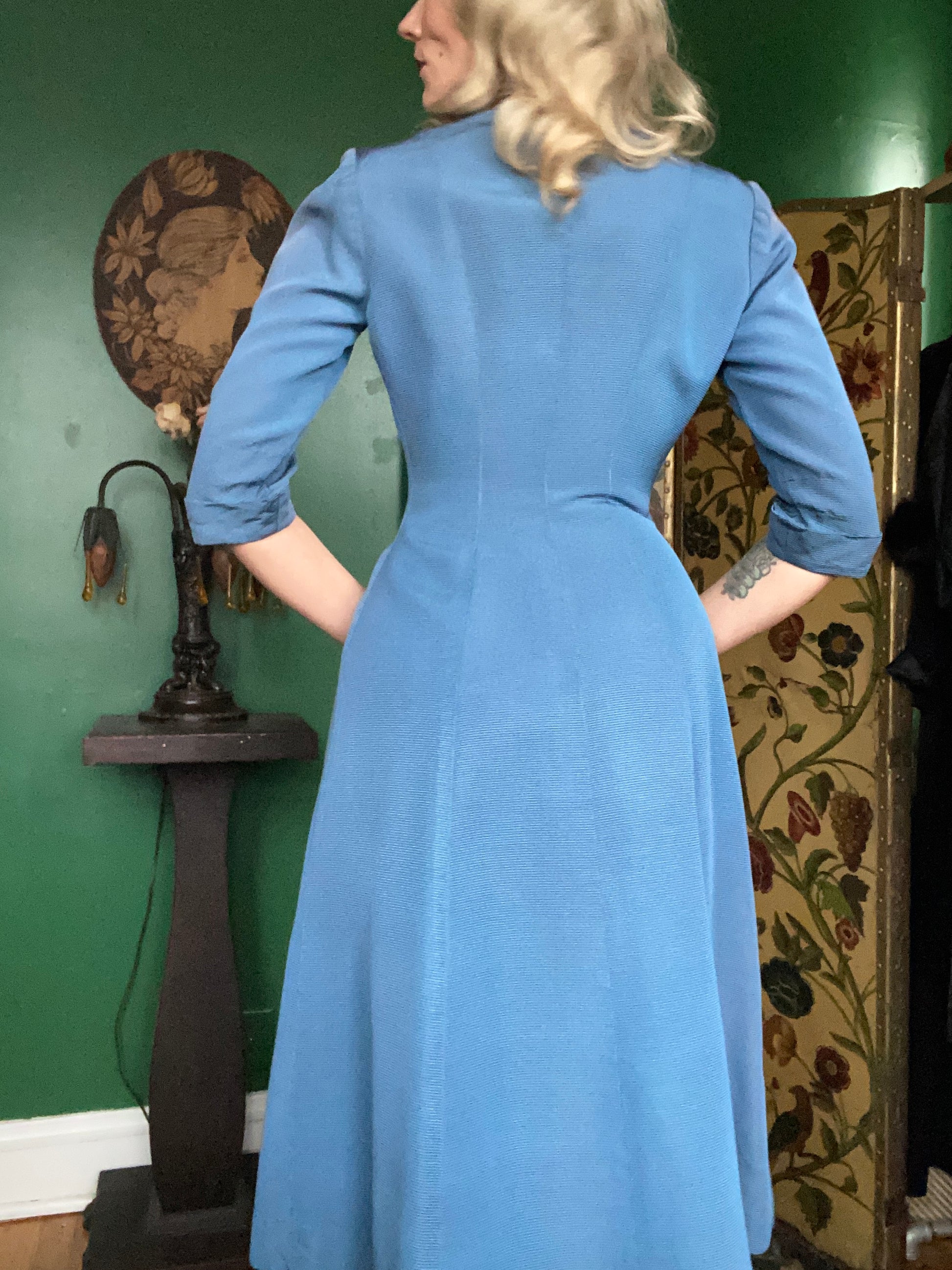 1950s Dior Style Georgiana Blue Silk Dress