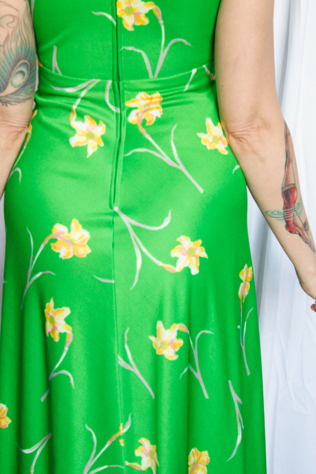 1970s Bright Green Floral Maxi Dress - Small