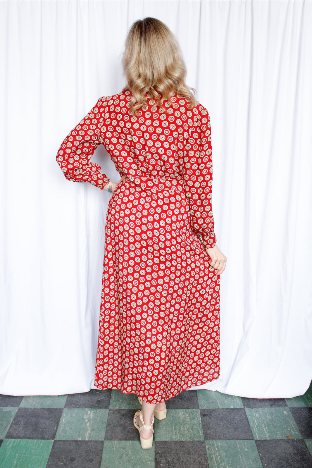 1940s Red & Green Cold Rayon Dressing Gown - Large