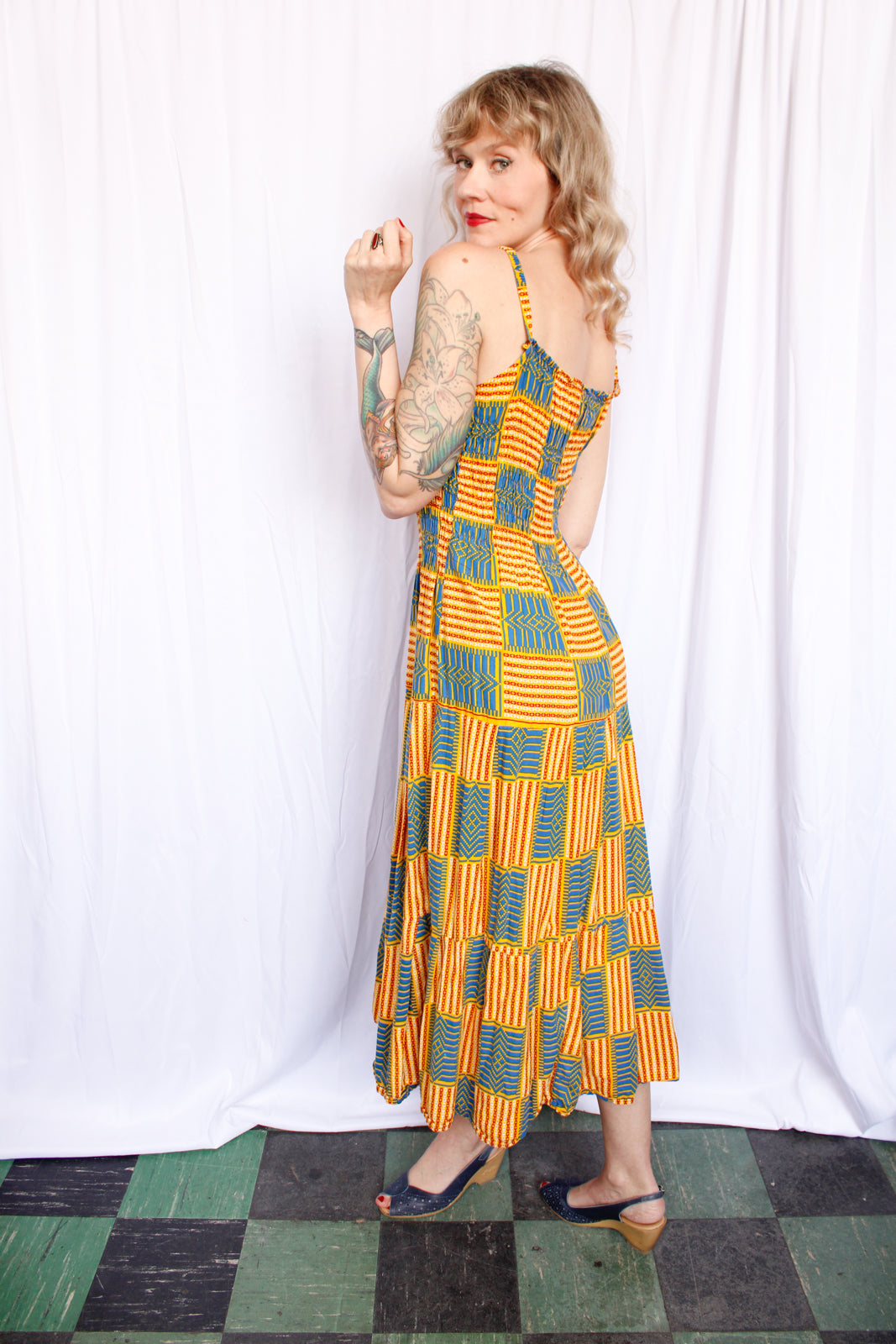 1970s Batik Cotton Summer Dress - Large