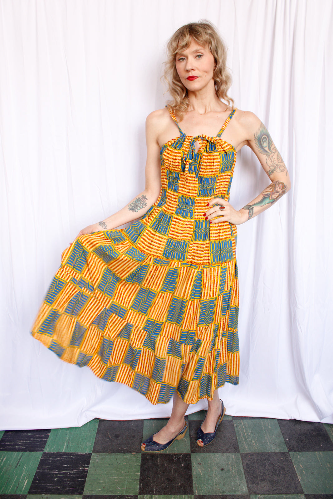 1970s Batik Cotton Summer Dress - Large