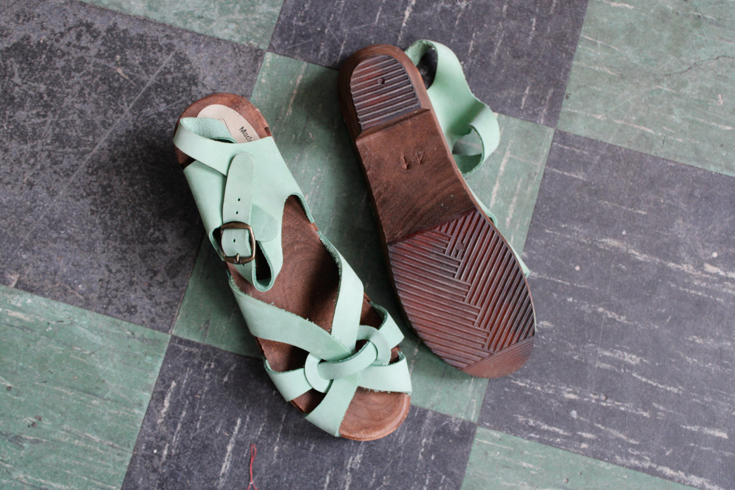 1970s NOS Sea Green Leather Wooden Swedish Clog Sandals - 9.5 US/41 Euro
