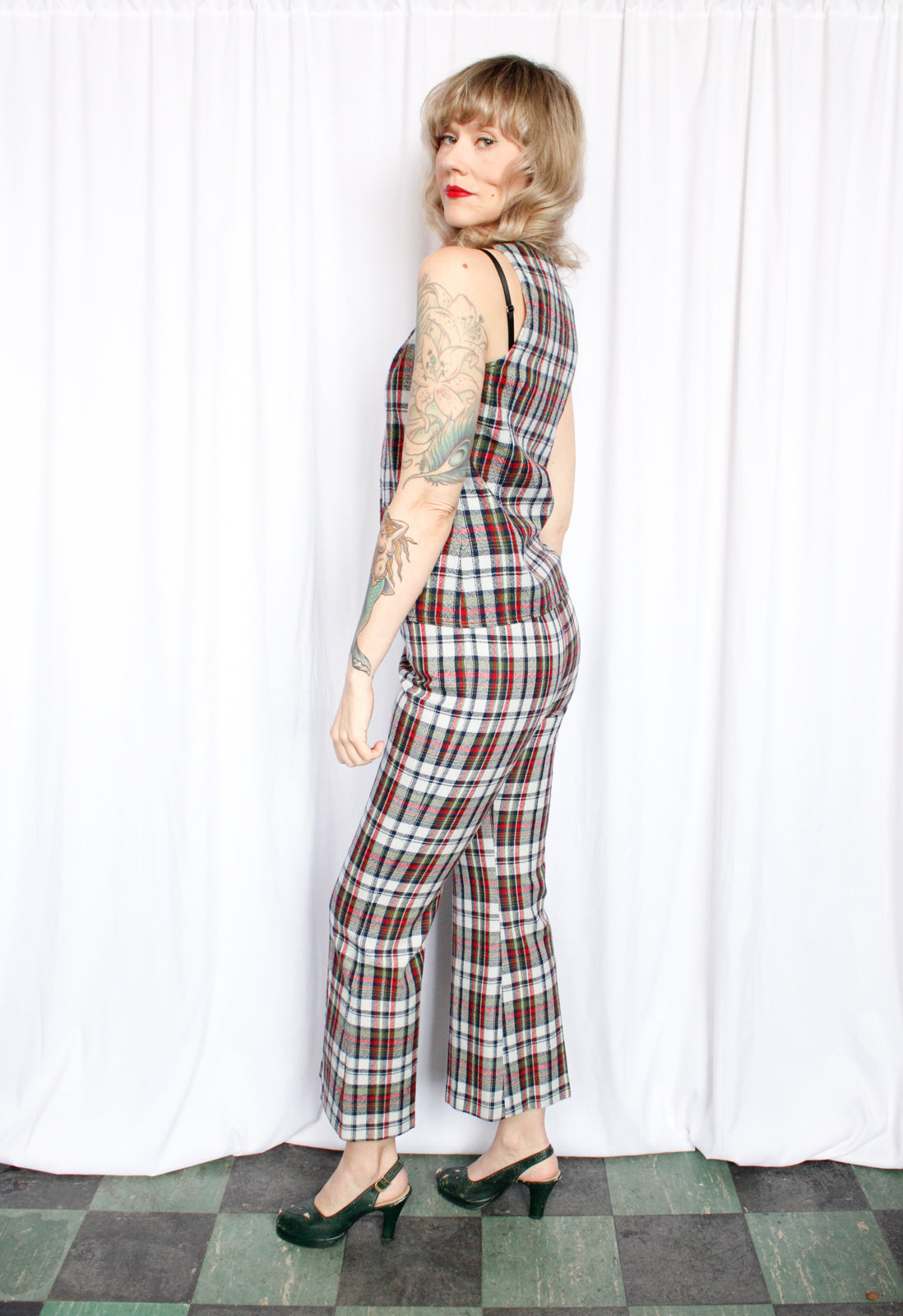 1960s Plaid 3pc Set Vest + Pants + Skirt - Xsmall