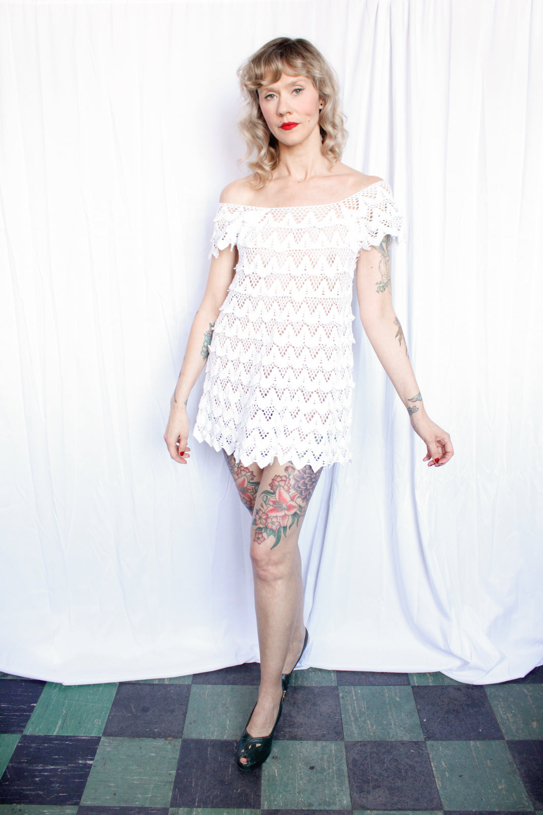 1970s Crochet White Mini Dress - S/M