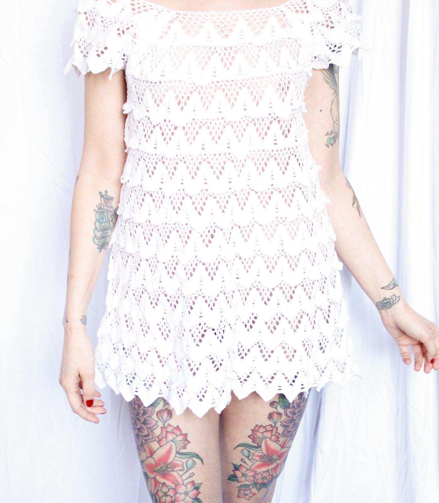 1970s Crochet White Mini Dress - S/M