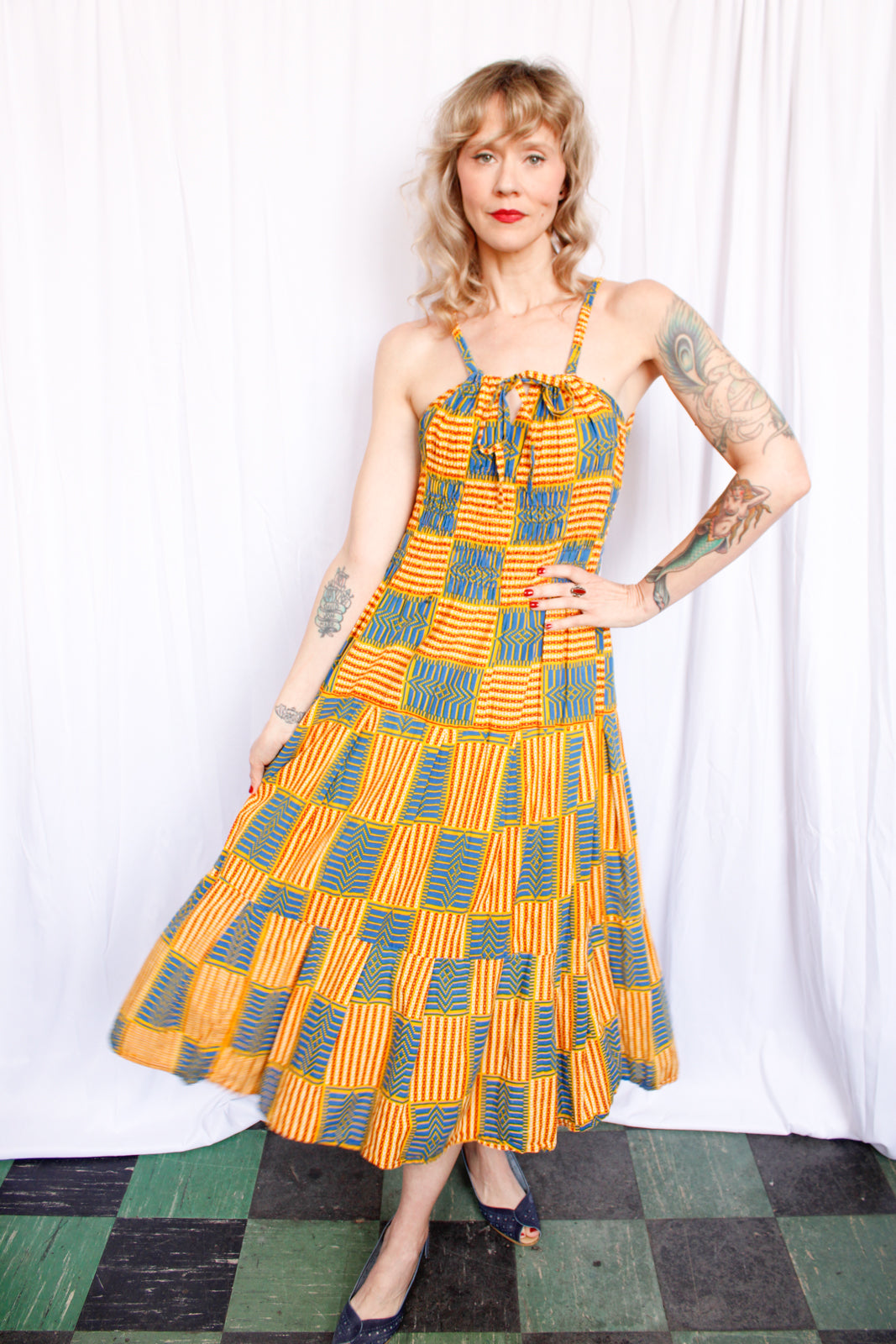 1970s Batik Cotton Summer Dress - Large