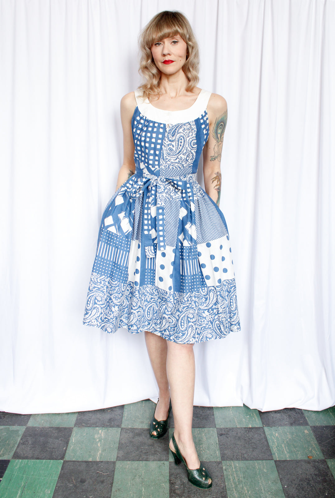 1950s Blue & White Dorian Cotton Dress - Small