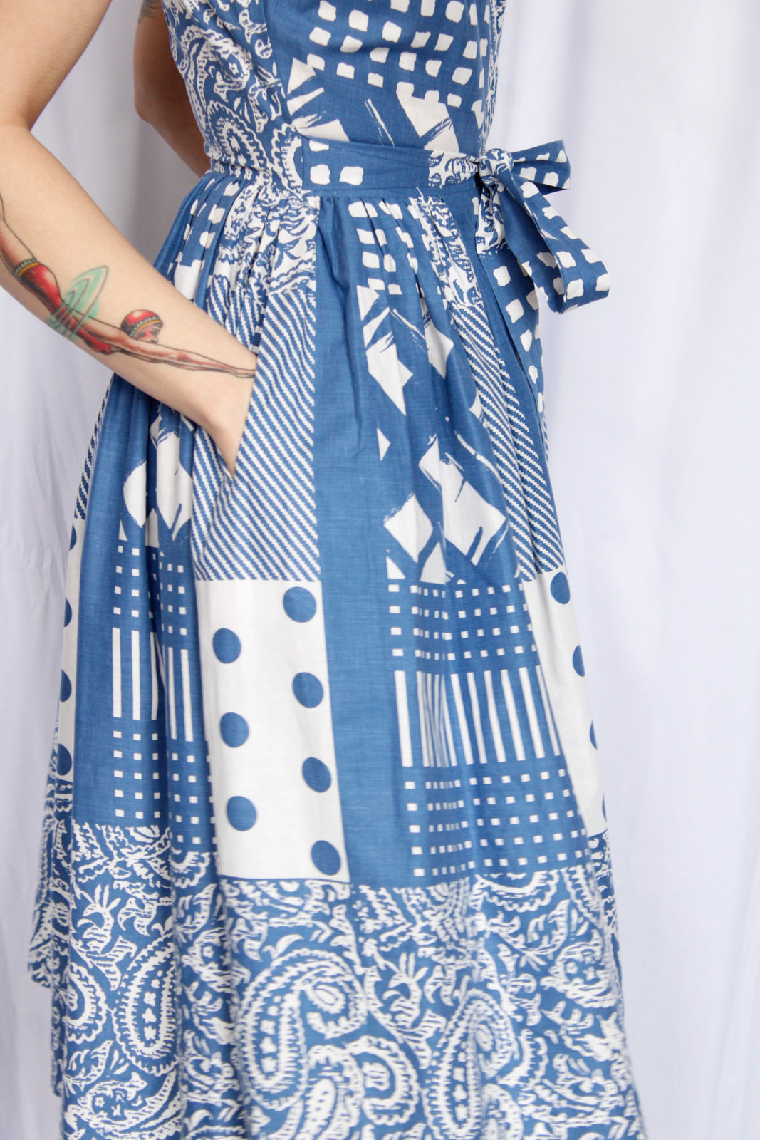 1950s Blue & White Dorian Cotton Dress - Small