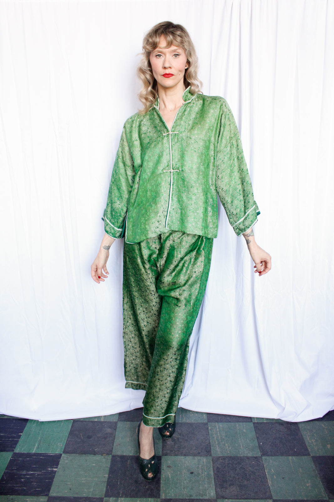 1920s Green Silk Floral 2pc Lounge Suit - Large