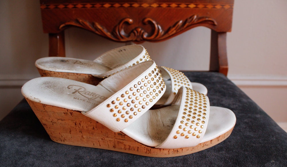 1980s Italian White Leather & Gold Studded Wedges