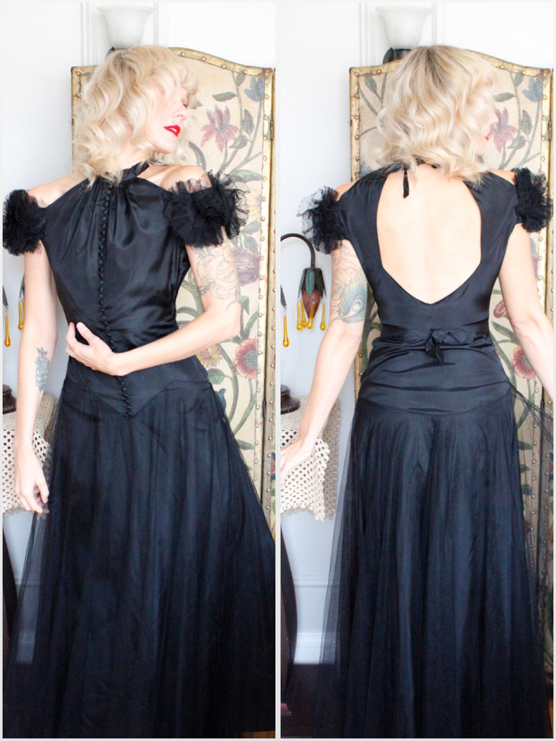 1930s Glamorous Starlette's Black Netted Gown - Xs/S