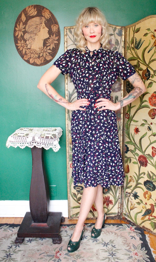 1940s Silk Geometric Print Dress and Bolero