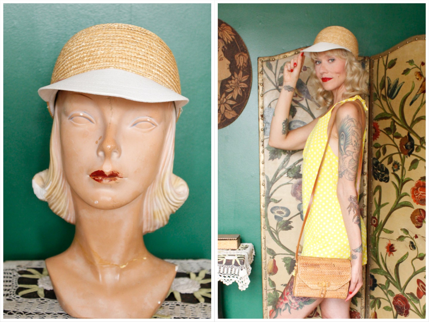 1990s does 1930s Liz Claiborne Straw & Canvas Hat