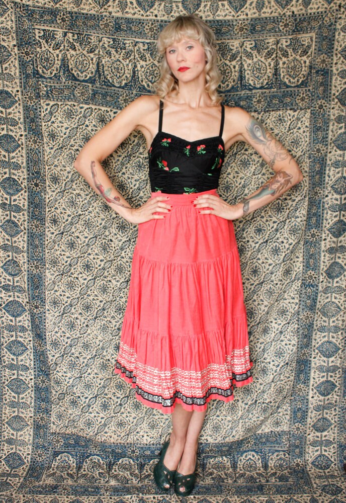 1950s Full Swing Corduroy Bright Coral Orange Patio Skirt - Xs