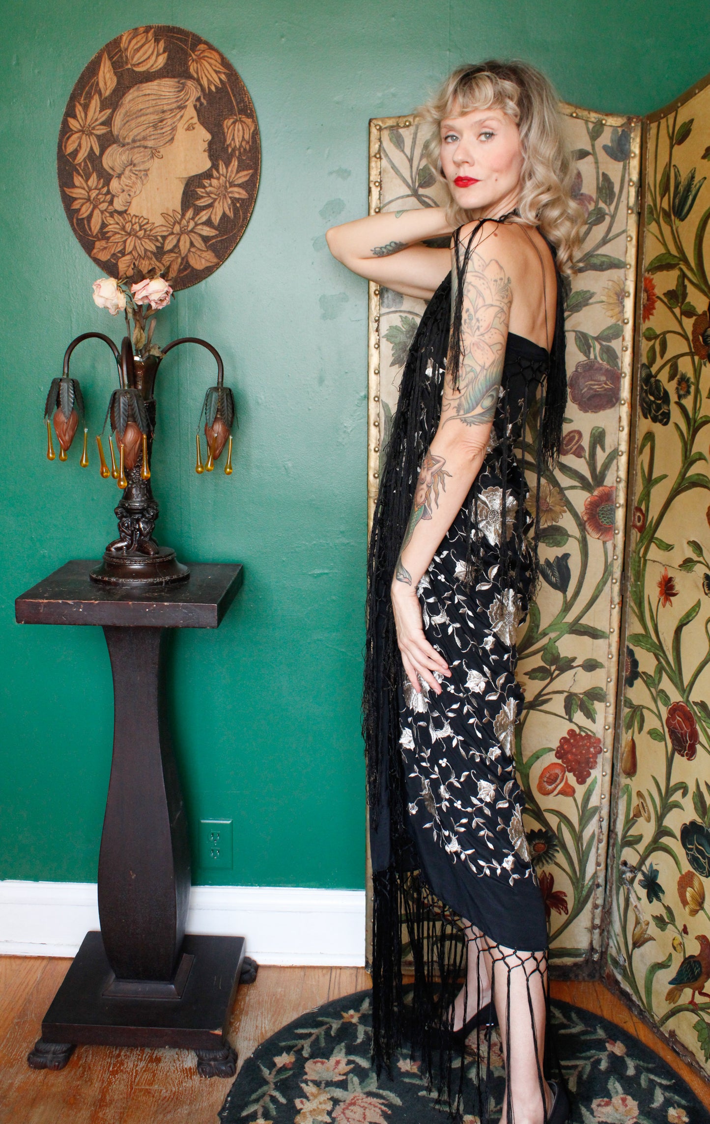 1920s Silk Silver Floral Embroidered Piano Shawl