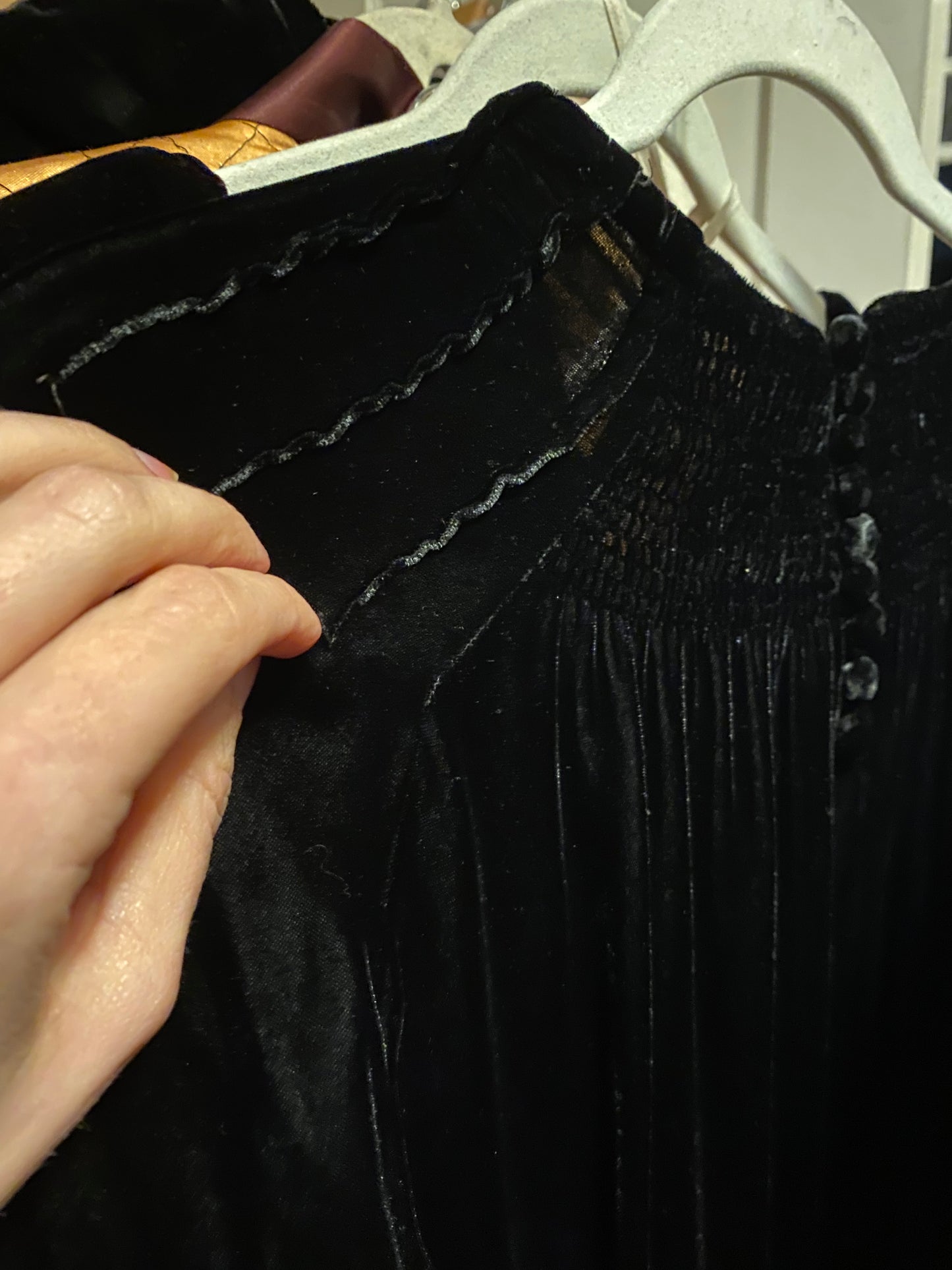 1930s Black Silk Velvet Gown w/Rhinestone Belt & Dress Clip - Large
