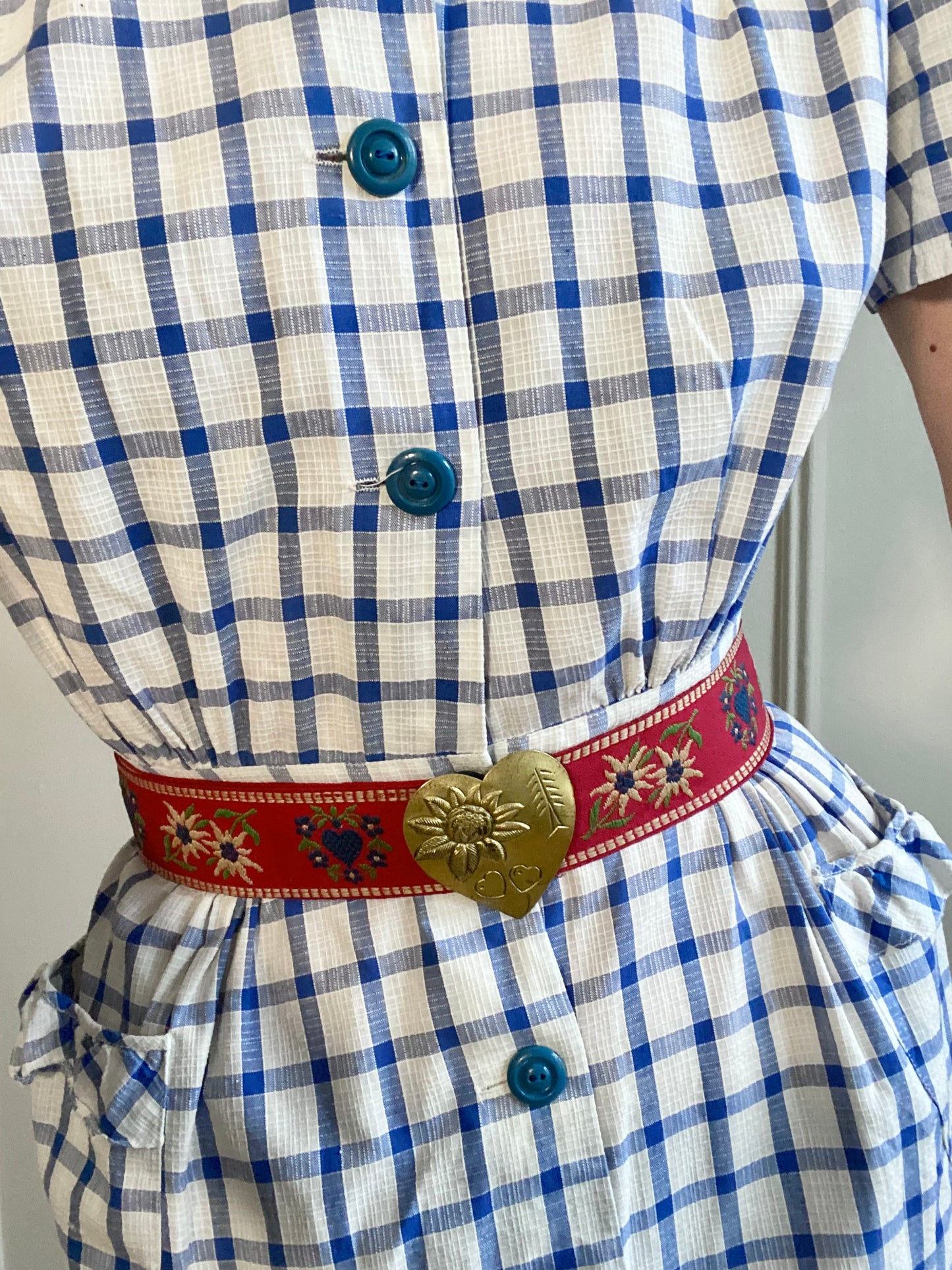 1930s Embroidered Folk Belt with Brass Heart Buckle