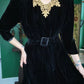 1930s Silk Black Velvet Dress with Crochet Trim - Medium