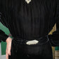 1930s Black Silk Velvet Gown w/Rhinestone Belt & Dress Clip - Large