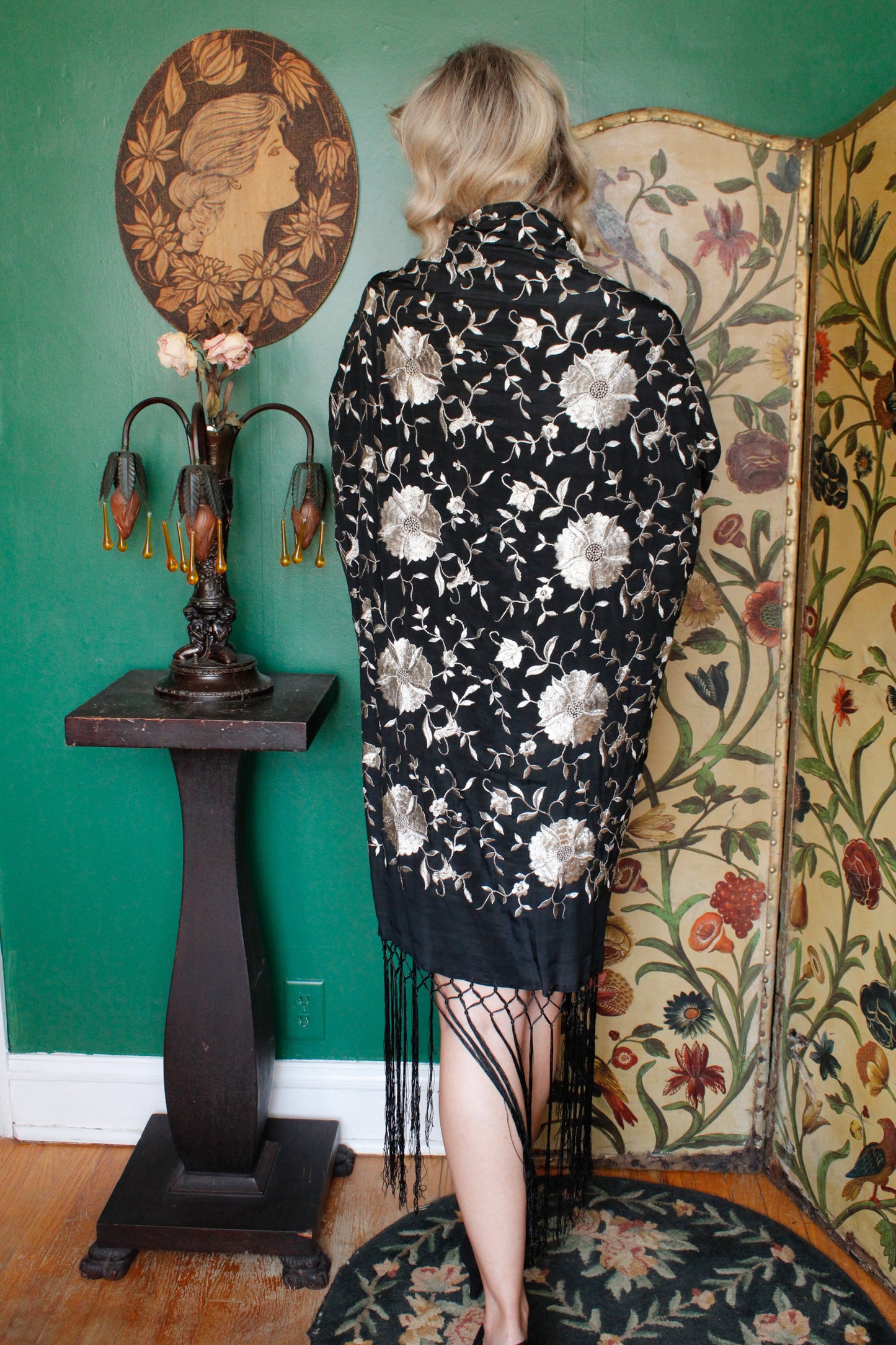 1920s Silk Silver Floral Embroidered Piano Shawl