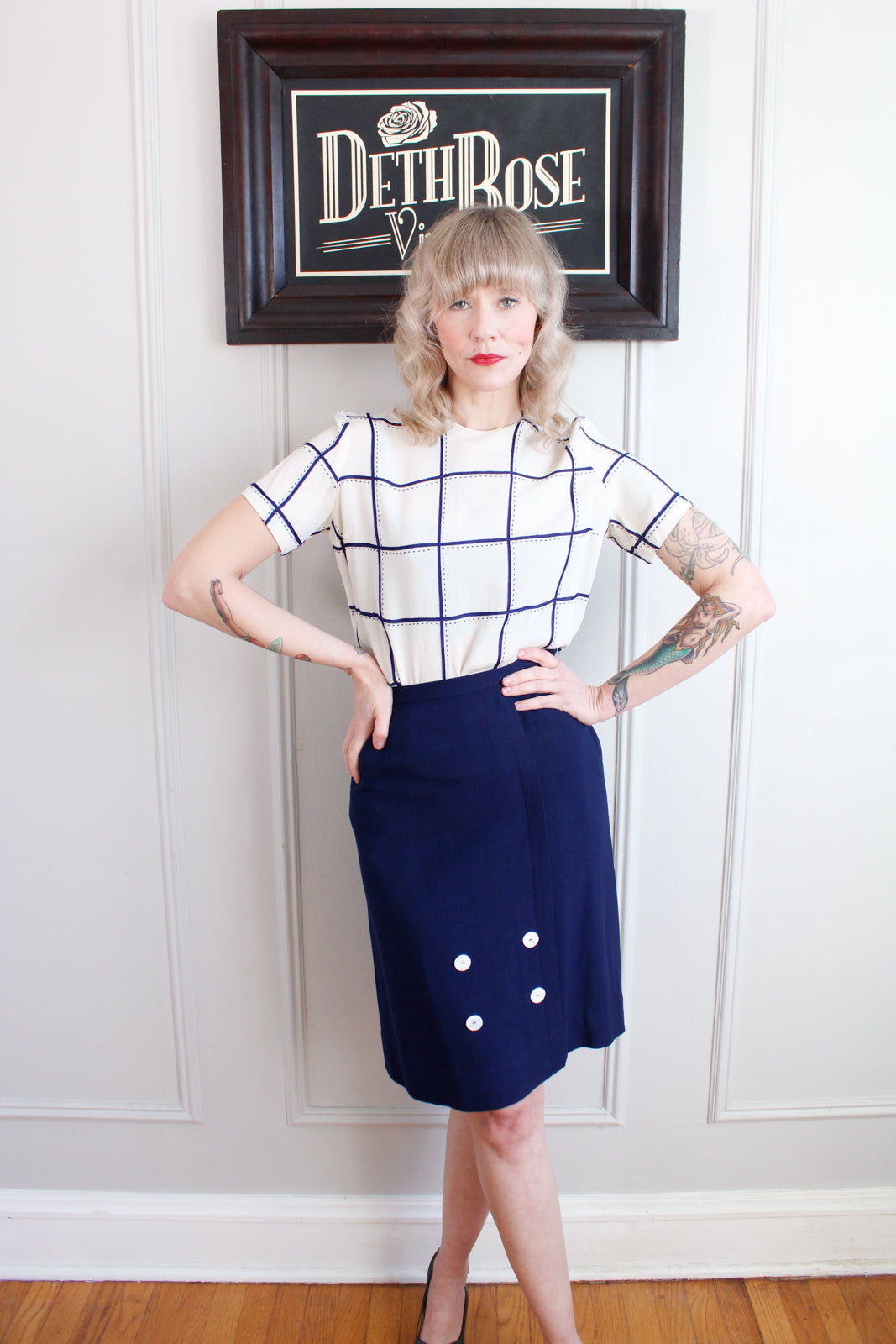 Navy gingham pencil skirt best sale