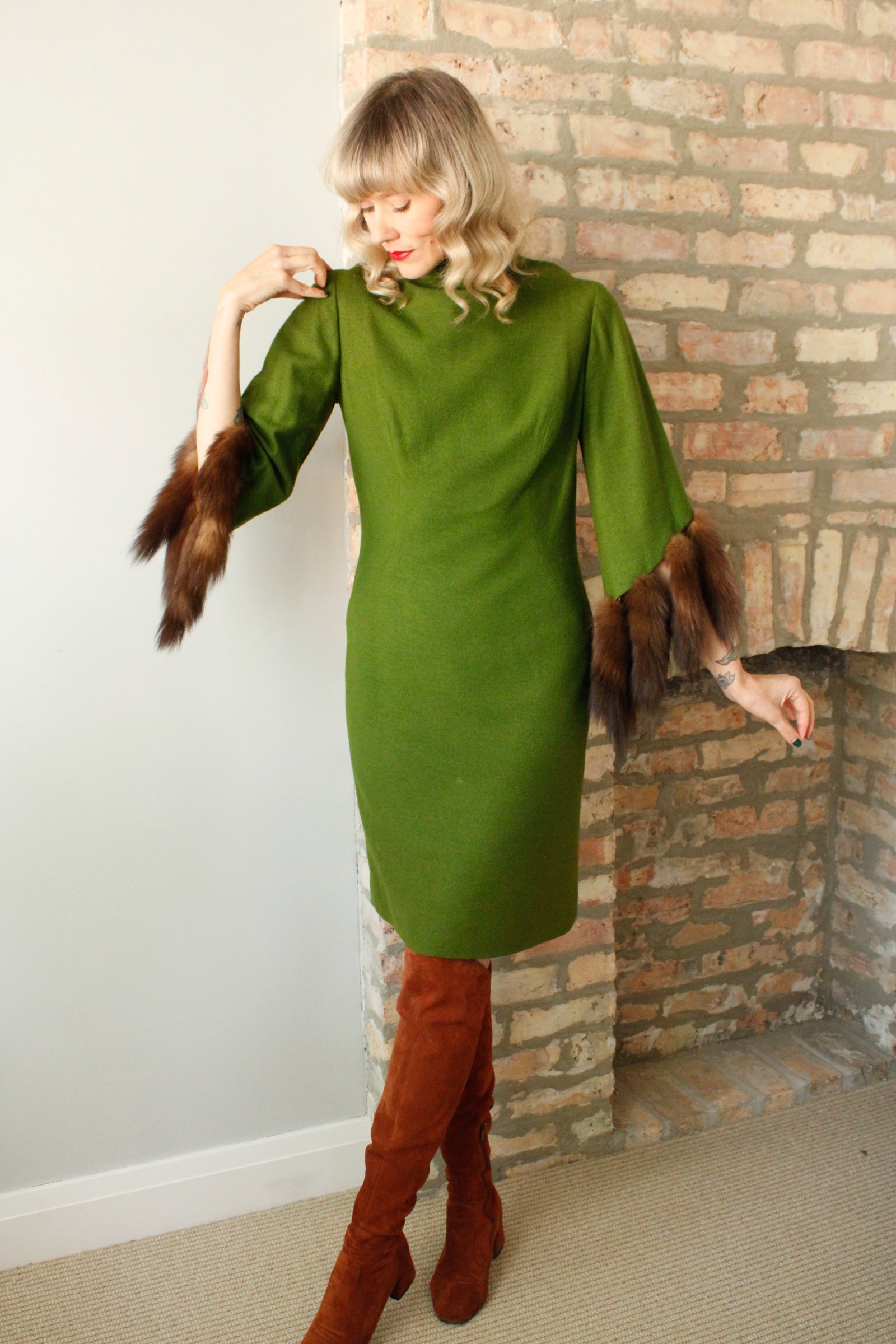 1960s Green Wool and Mink Dress