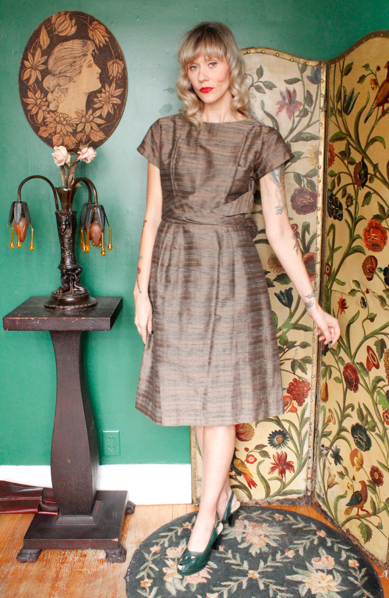 1950s Brown Silk Plaid Sheath Dress 