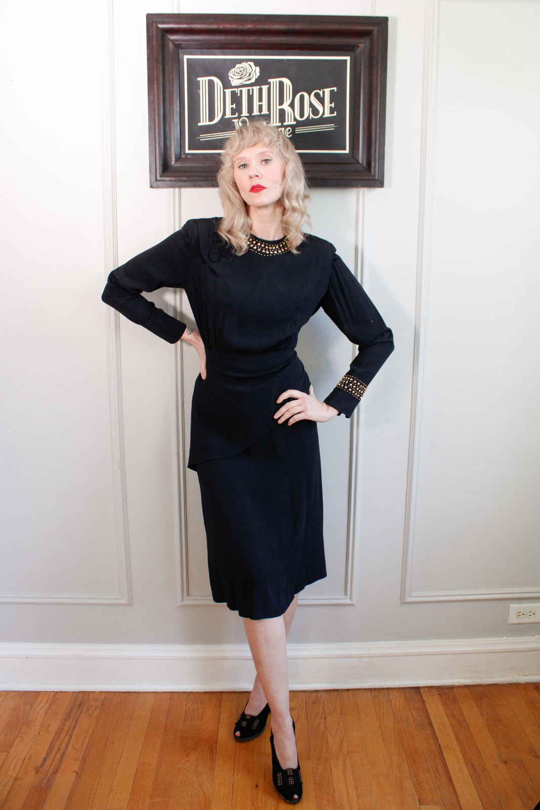 1940s Roselyn Gold Studded Rayon Dress - Med