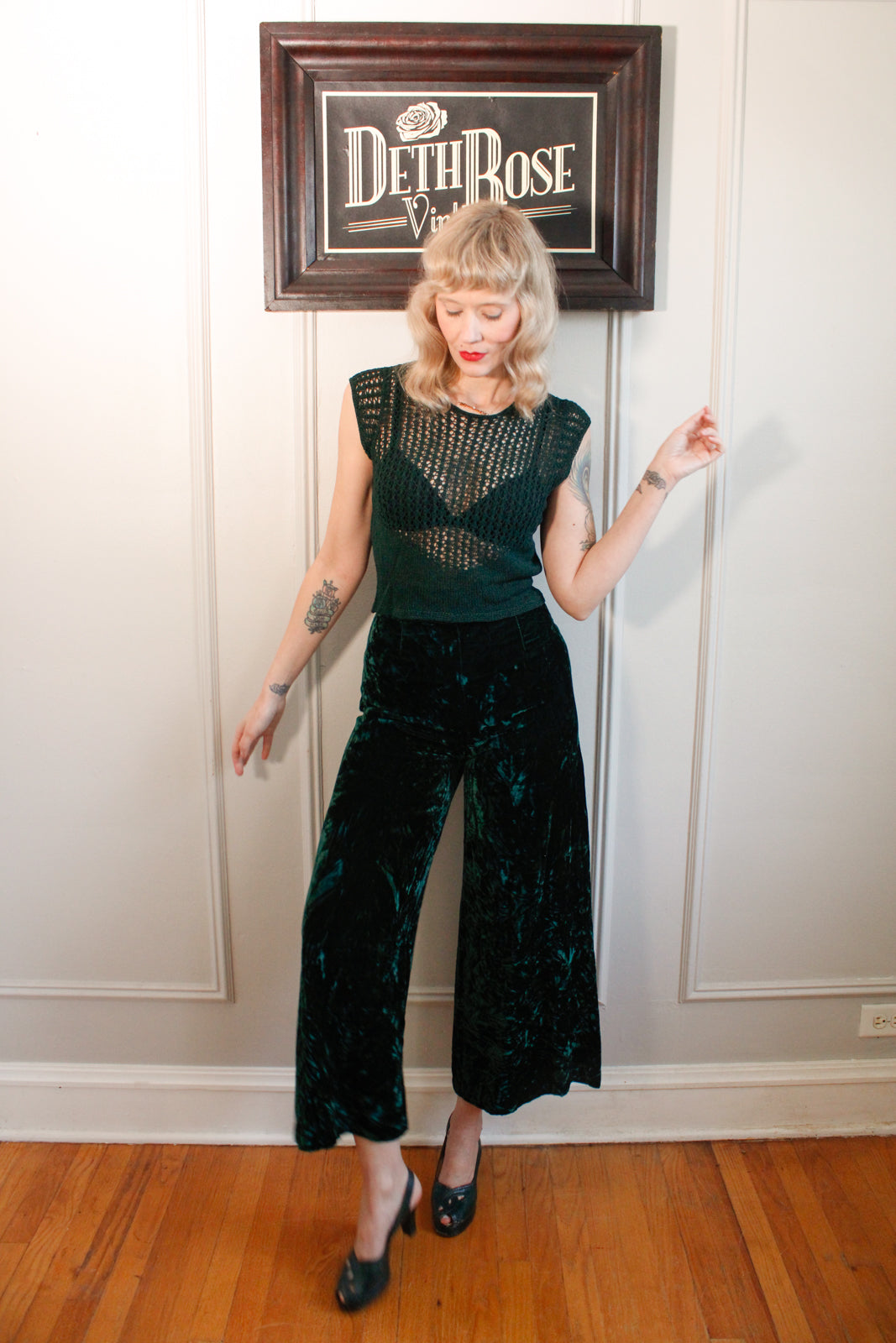 1960s Alex Coleman Crushed Velvet Emerald Wide Leg Pants - Xsmall