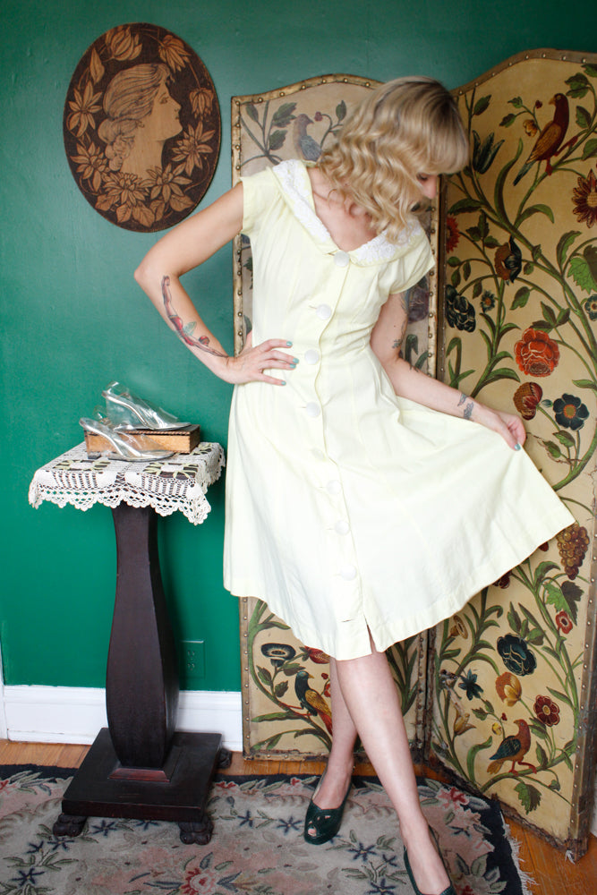 1950s Yellow Cream Pique Dress