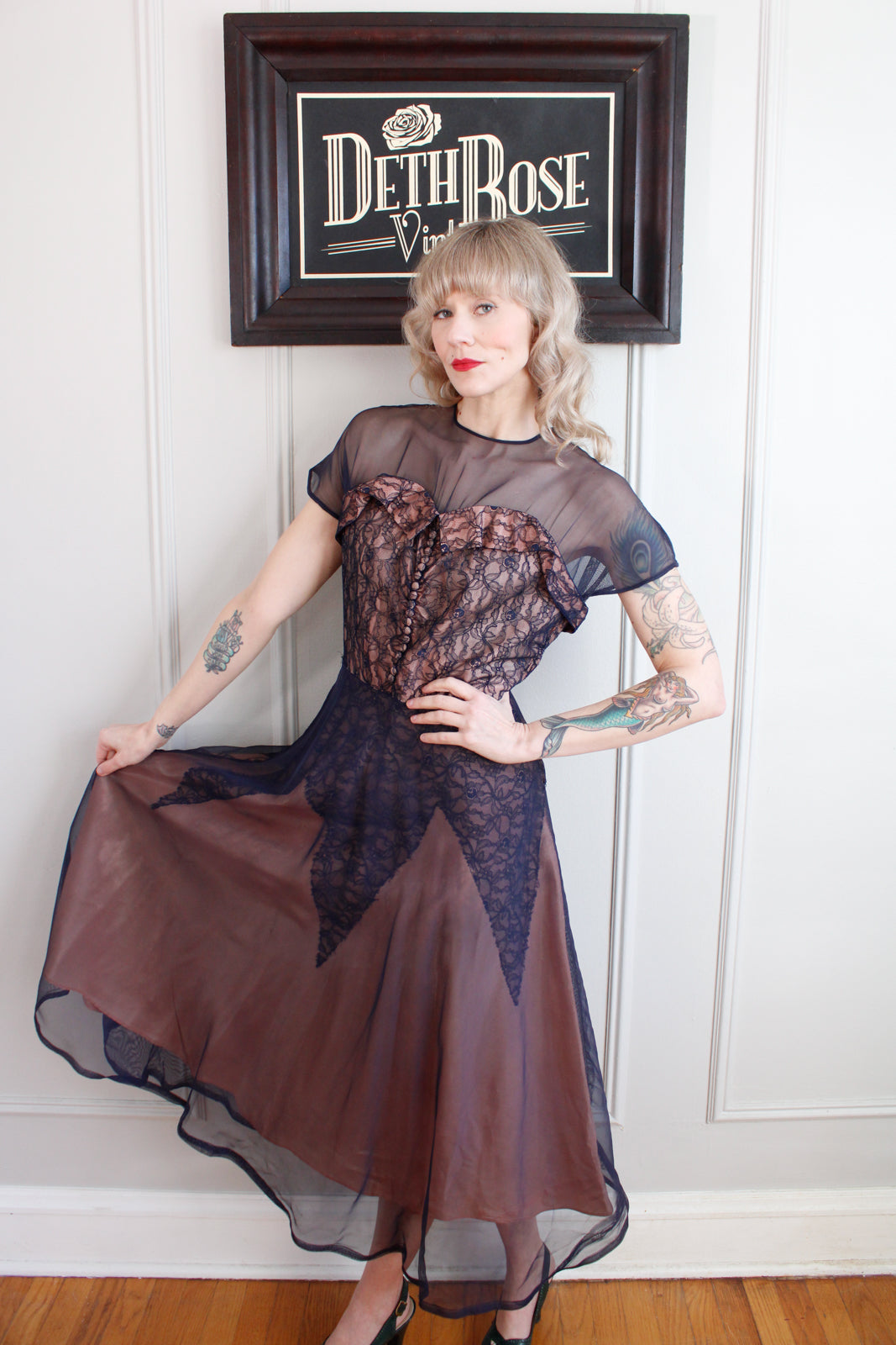 1950s Sweetheart Lace & Mesh Dress - Medium