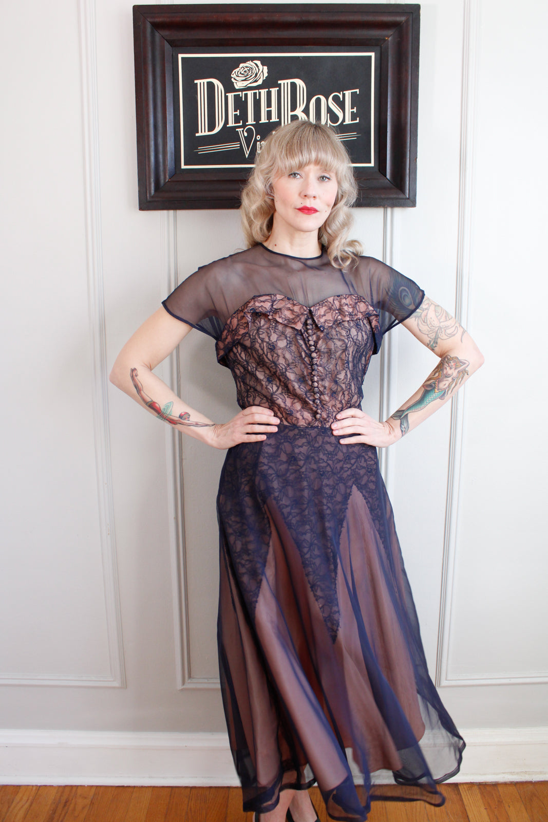 1950s Sweetheart Lace & Mesh Dress - Medium
