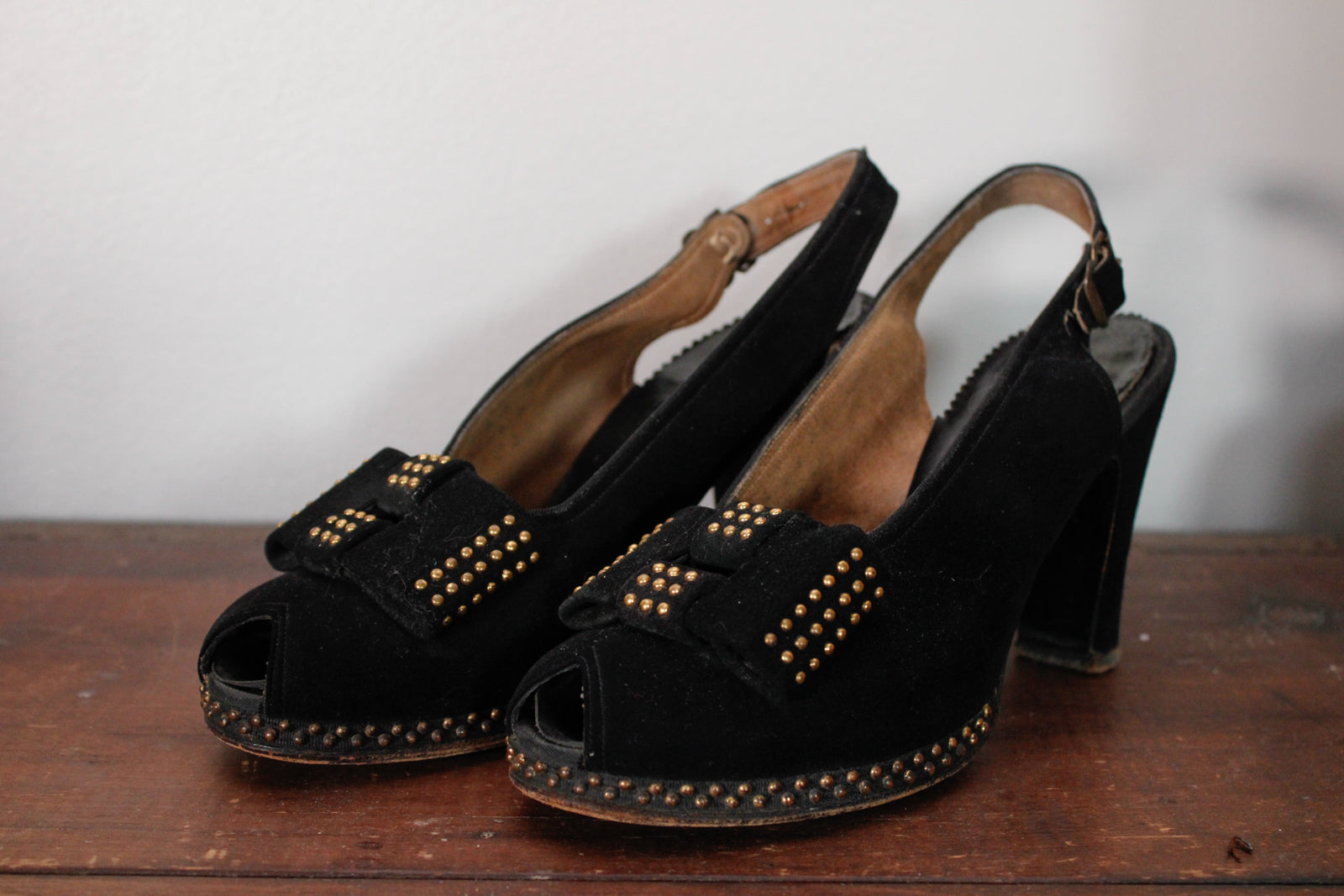 1940s Studded Joseph Brushed Leather Platform Heels - 6.5/7