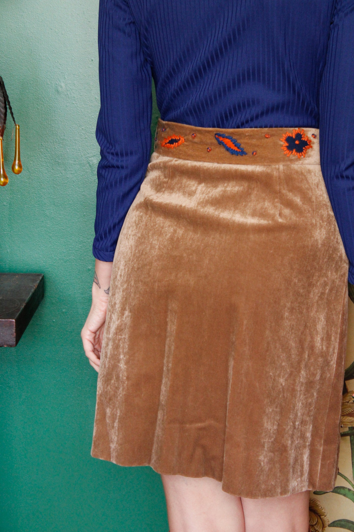 1970s Knit & Faux Velvet Embroidered Dress with Belt