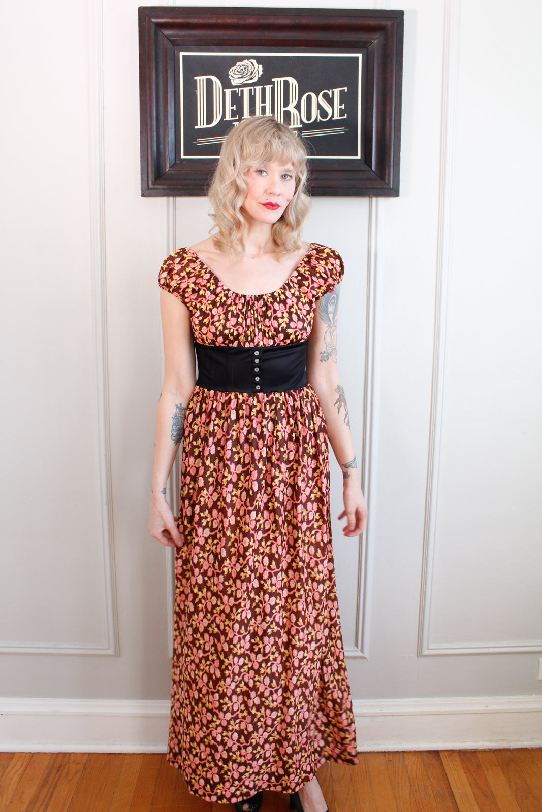 1970s Floral Jersey Maxi Dress - Small