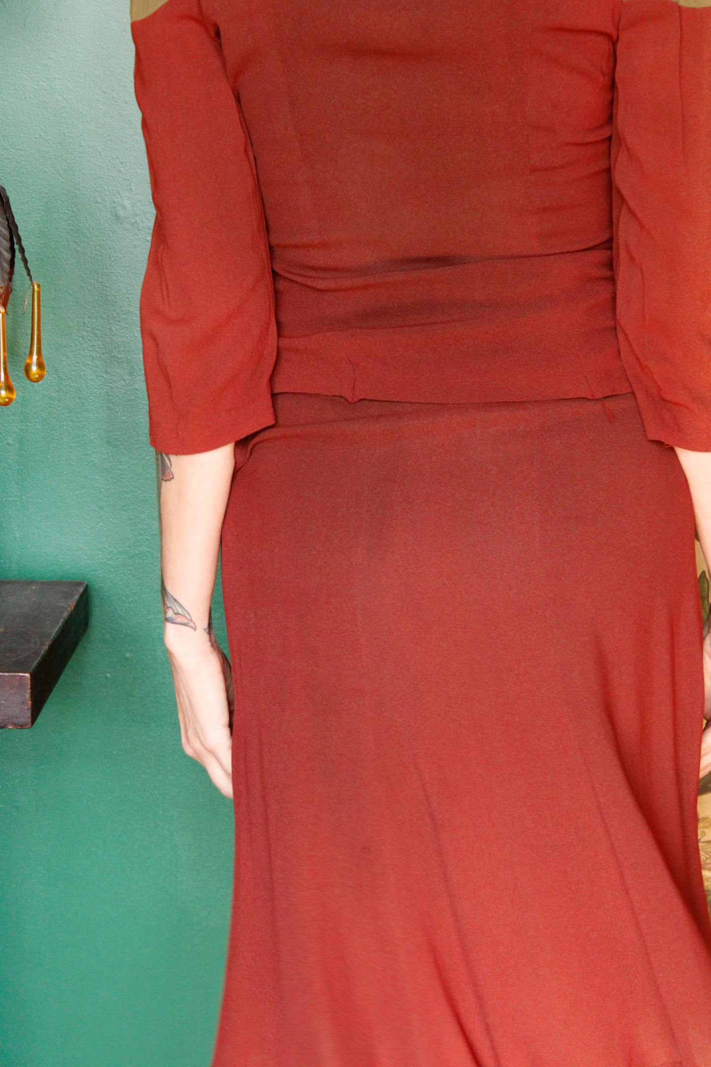 Early 1940s Rayon Crepe Color Block 2pc Blouse & Skirt Set